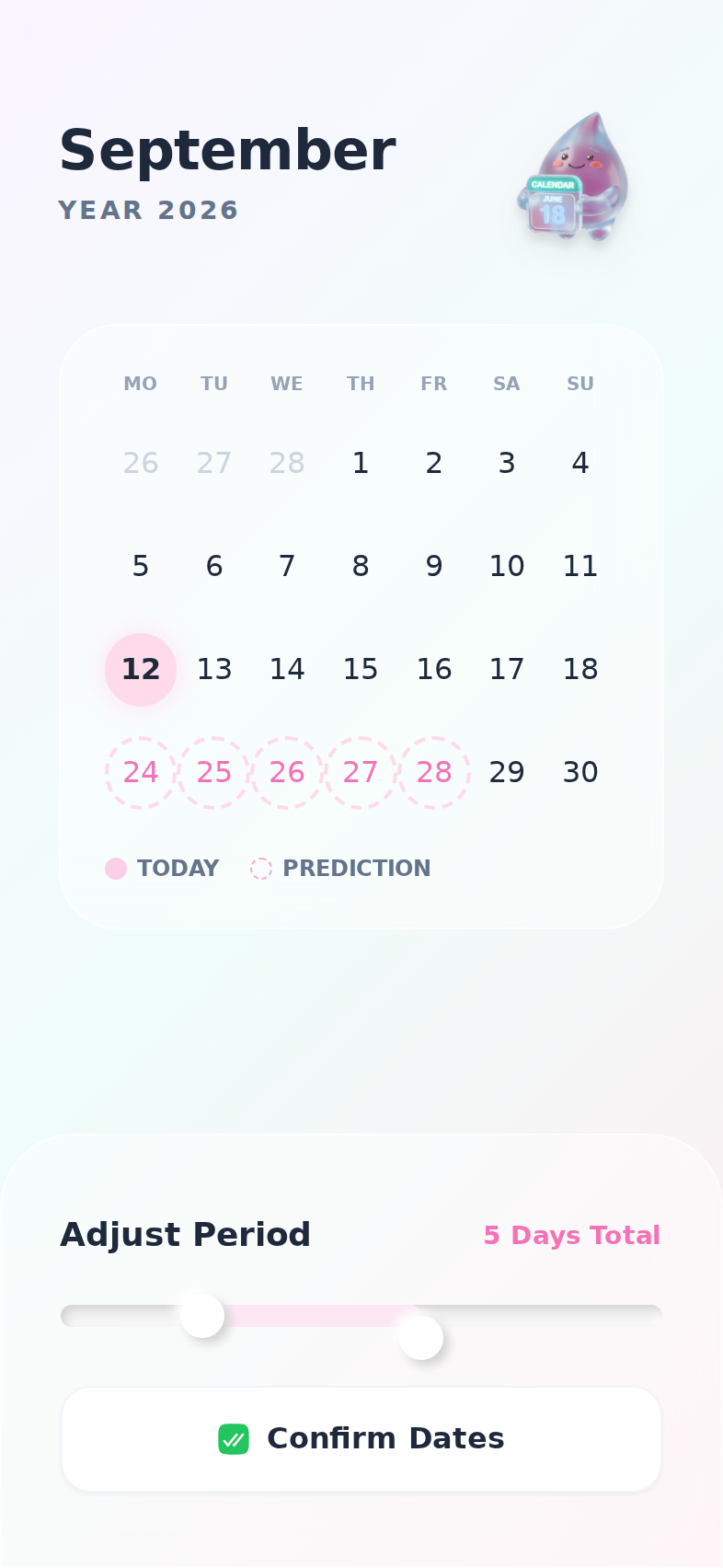 Prototype cycle calendar with period days and symptom markers. Product in development.