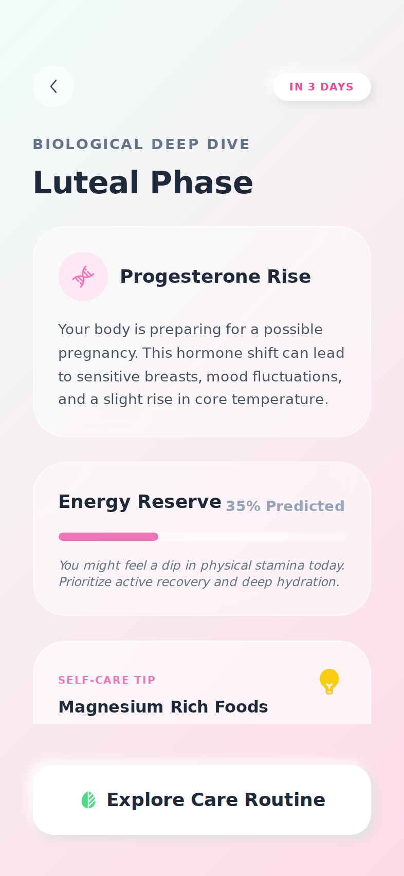 Prototype phase screen describing a cycle phase in plain language, with a note that it is not medical advice. Product in development.