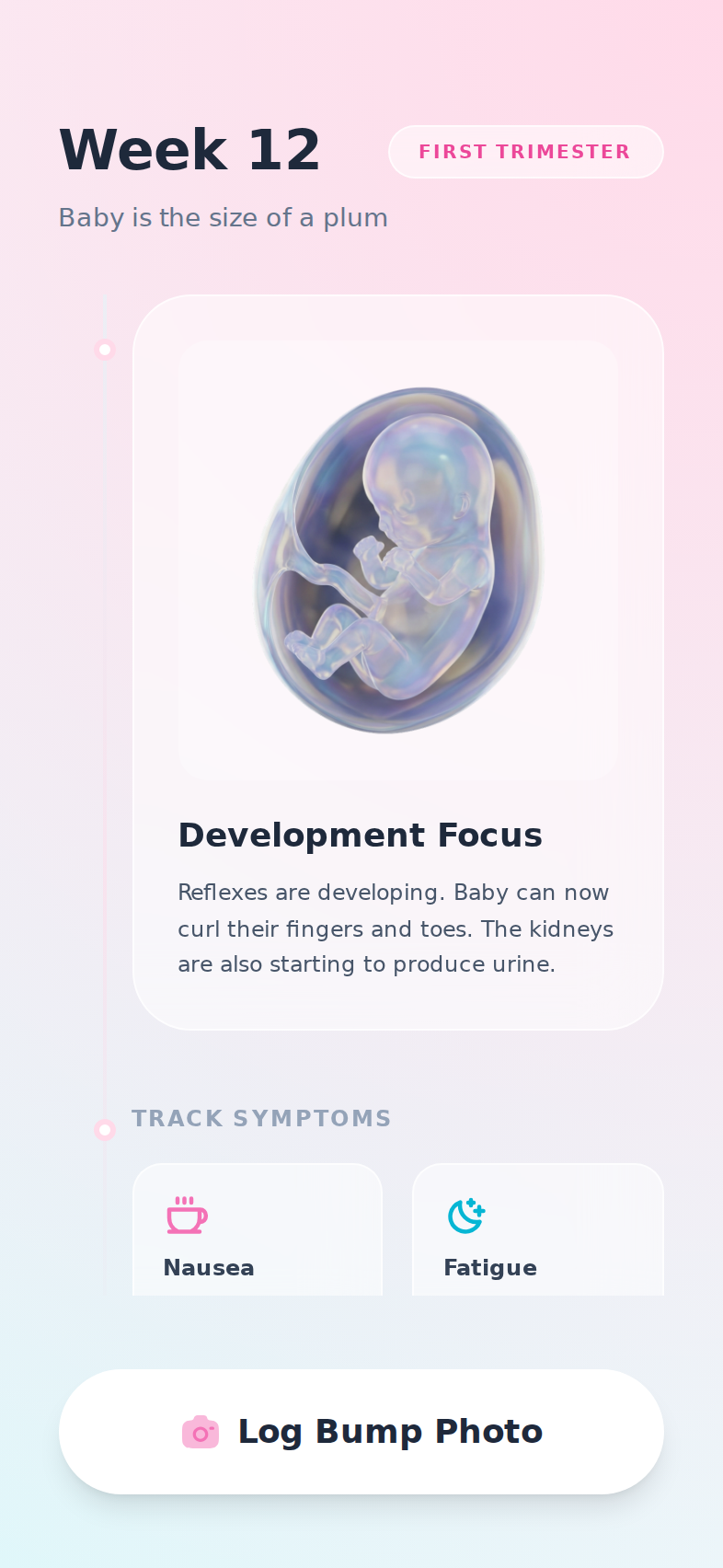 Prototype pregnancy timeline with a week selector and note fields. Product in development. Not antenatal monitoring.