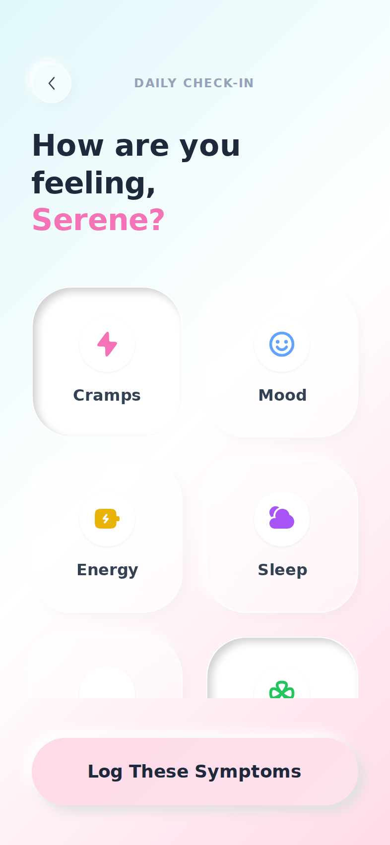 Prototype symptom log with selectable notes for flow, mood, and energy. Product in development.